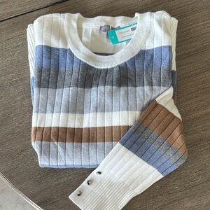Women's Ribbed Crewneck Sweater - Blue, Gray, and Brown